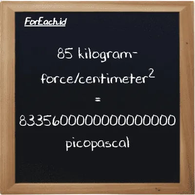 85 kilogram-force/centimeter<sup>2</sup> is equivalent to 8335600000000000000 picopascal (85 kgf/cm<sup>2</sup> is equivalent to 8335600000000000000 pPa)